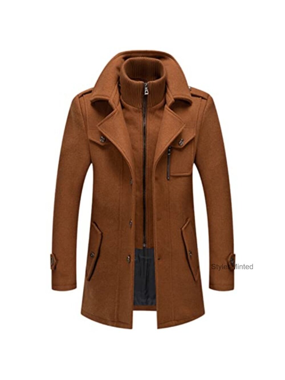 Men's Slim Fit Peacoat Winter Zip Up Wool Blend Notch Lapel Long Sleeve